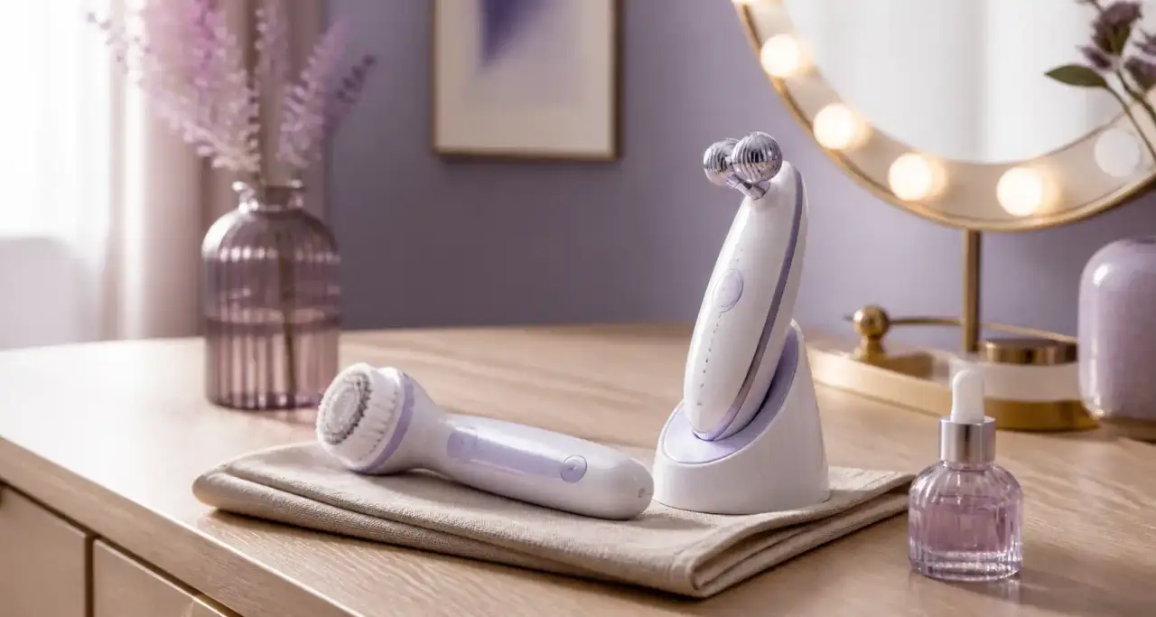 Coiffeuse beaut&eacute; &agrave; domicile avec appareil de massage facial high-tech, brosse sonique et miroir lumineux dans une ambiance lilas