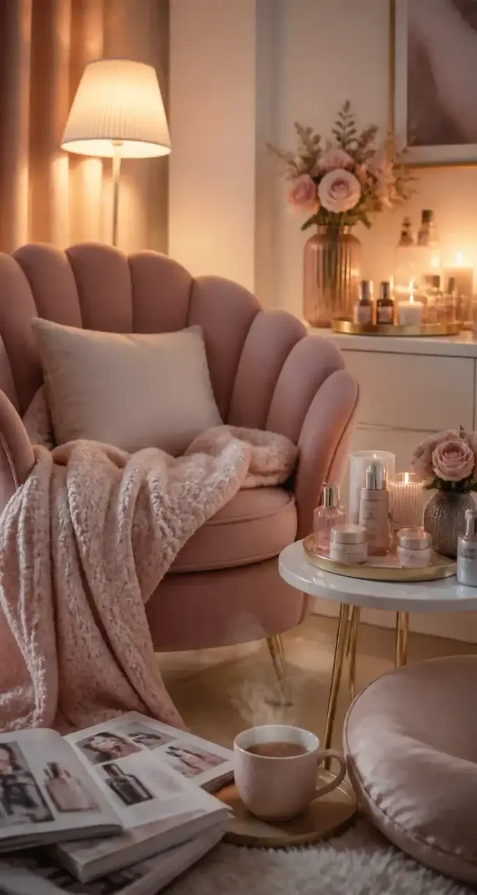 Coin cocooning beaut&eacute; am&eacute;nag&eacute; &agrave; la maison avec fauteuil rose poudr&eacute;