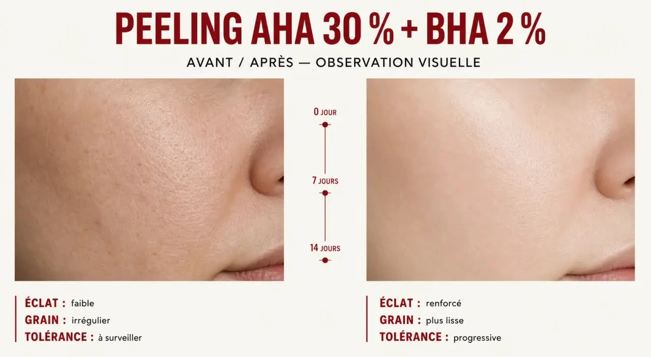 Peeling The Ordinary avant apres : comparaison visuelle du grain de peau et de l’éclat du teint