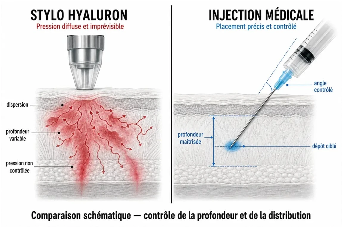 Comparaison visuelle entre le Hyaluron Pen et l'injection médicale par un professionnel pour comprendre les risques