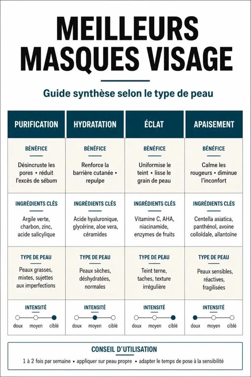 Infographie comparative des meilleurs masques visage selon les besoins de la peau et les ingrédients actifs