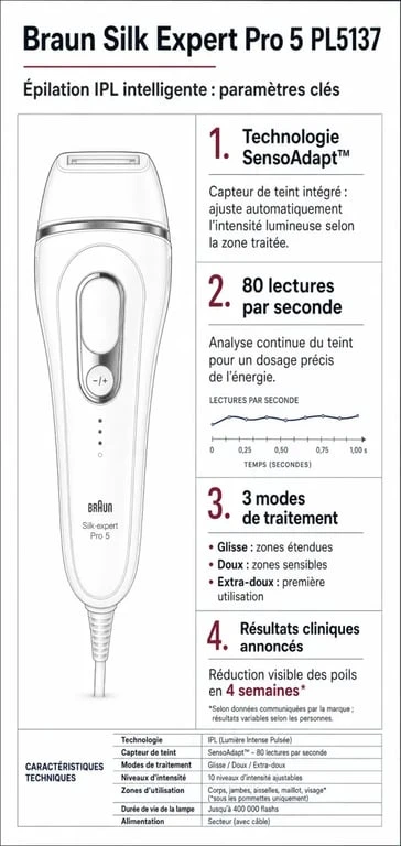 Infographie des caractéristiques techniques et performances du Braun Silk Expert Pro 5 PL5137