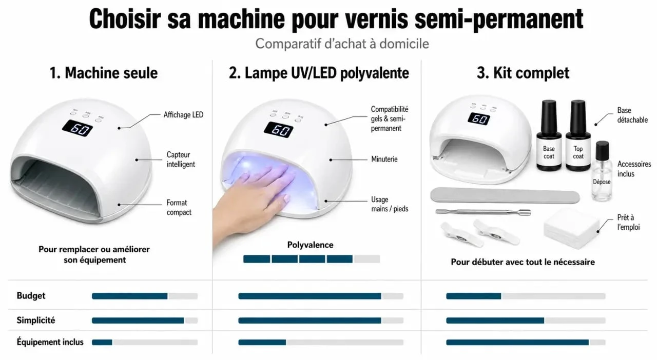 Machine vernis semi permanent : comparaison visuelle entre machine seule, lampe UV/LED et kit complet