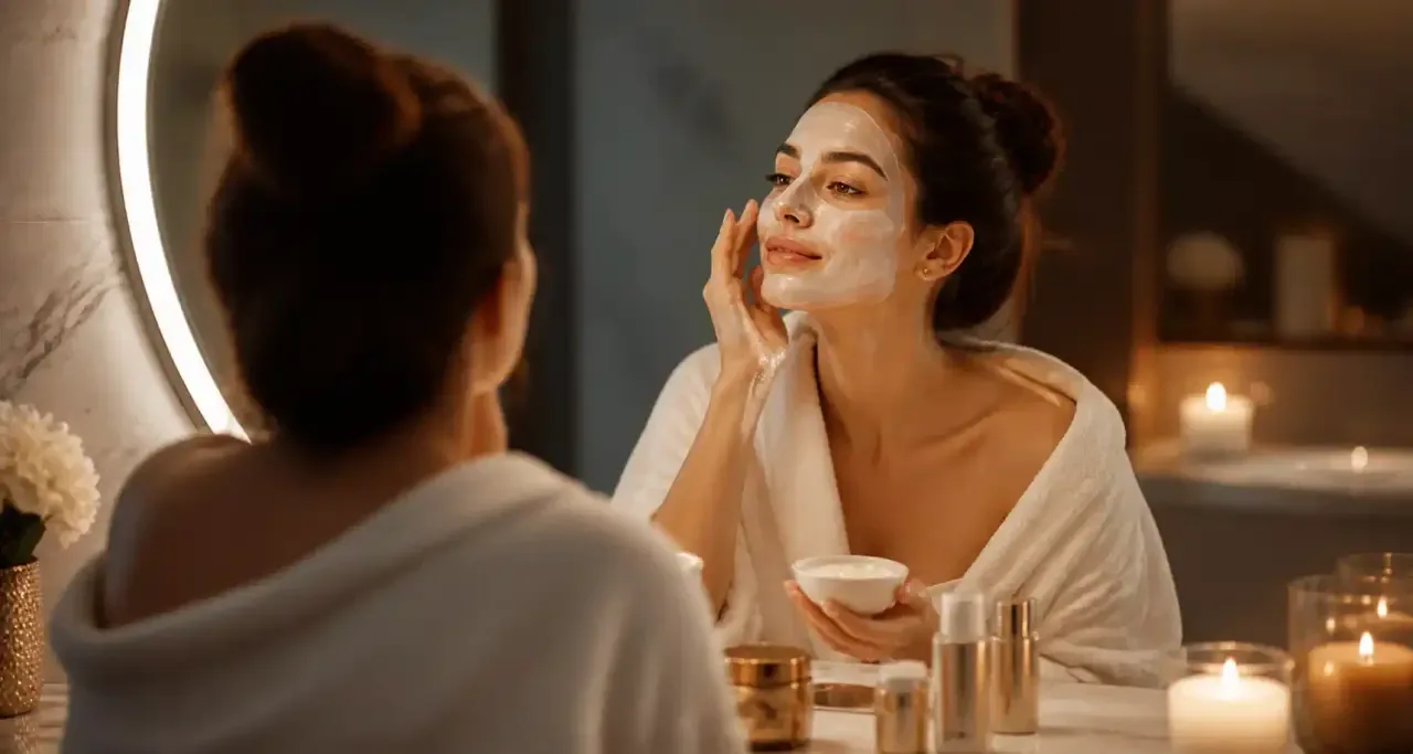 Rituel beauté à domicile avec masque visage dans une salle de bain élégante