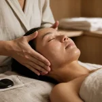 Soin du visage japonais Kobido : praticienne en lissage du visage, yeux fermés