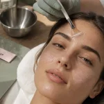 Soin peeling visage : esthéticienne applique un gel peeling acide avant le soleil