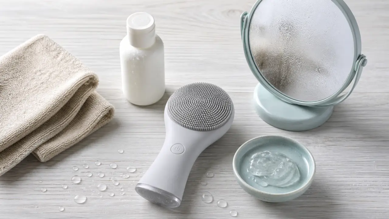 Brosse nettoyante visage en silicone sur table en bois