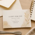 carte cadeau soin visage sur table avec sérum et enveloppe
