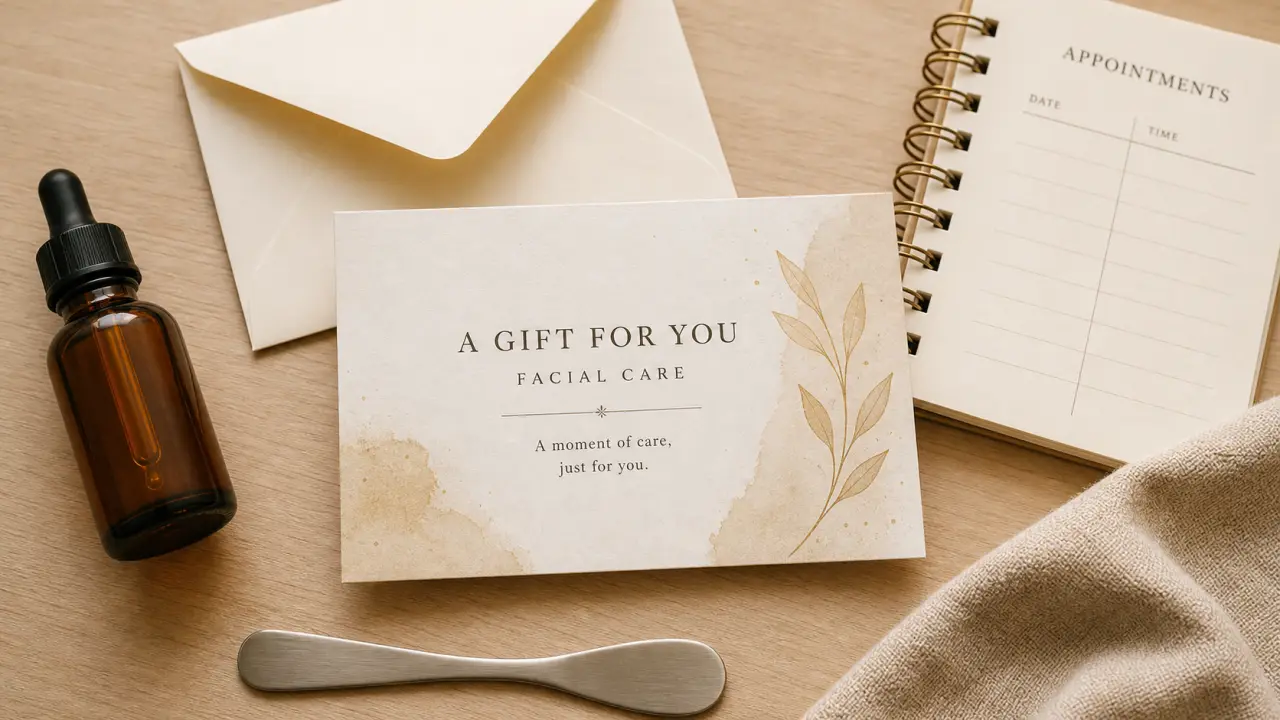 carte cadeau soin visage sur table avec sérum et enveloppe