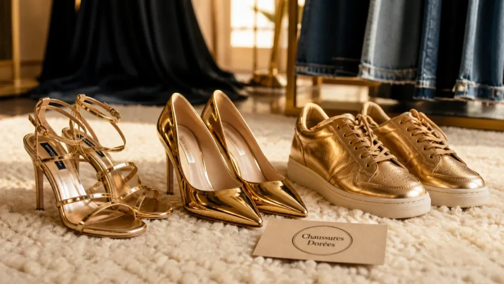 Chaussures femme dorées : sandales, escarpins, baskets et associations qui marchent