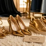 Chaussures femme dorées : sandales, escarpins et baskets sur tapis ivoire