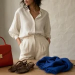 Couleur tendance mode printemps-été 2026 : Cloud Dancer, sac rouge tomate et foulard cobalt