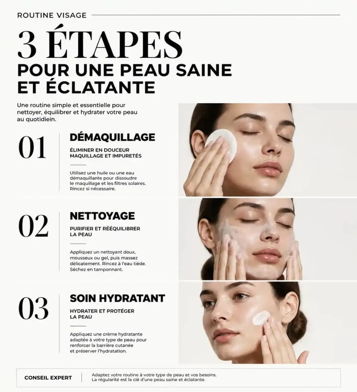 Infographie des étapes d'une routine de soin nettoyant visage pour une peau saine