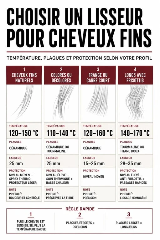 Infographie lisseur cheveux fin : températures, plaques et largeurs recommandées