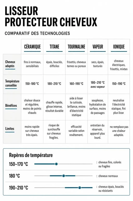Comparatif du lisseur protecteur cheveux par technologie, température et type de cheveux