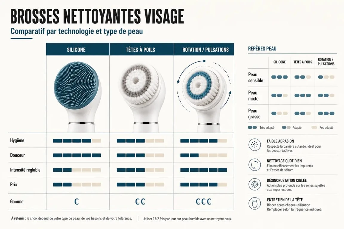 Comparatif brosse nettoyante visage : silicone, poils et pulsations selon le type de peau