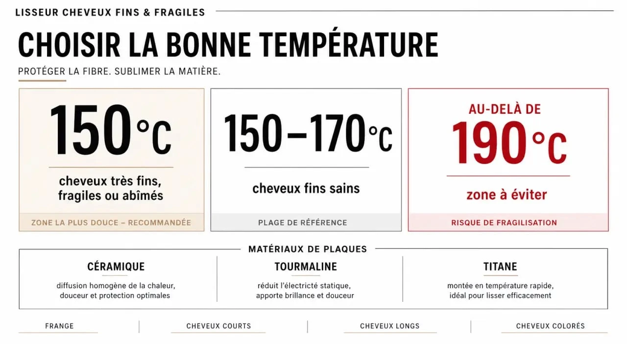 Lisseur pour cheveux fins et fragiles : comparatif des températures et matériaux pour lisser sans abîmer la fibre