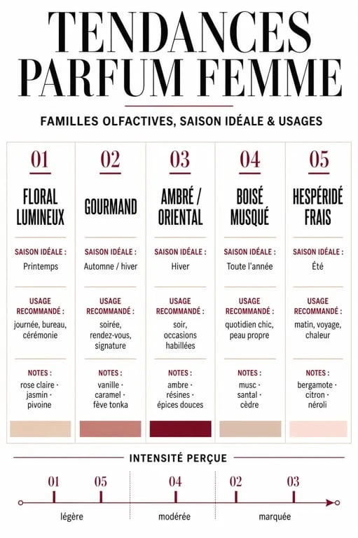 Infographie tendances parfum femme avec familles olfactives, saisons et usages