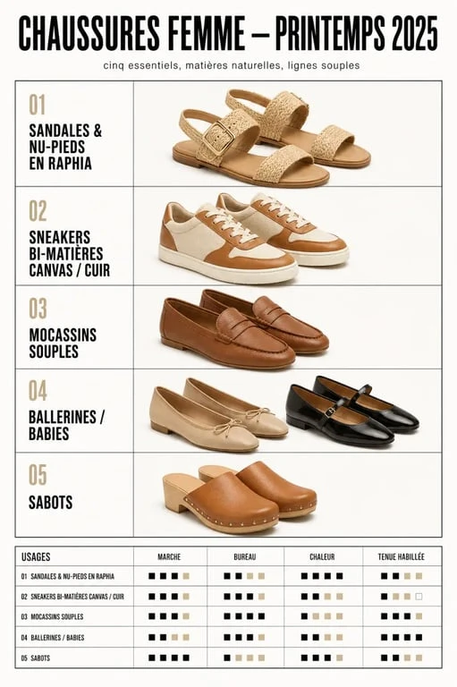 Chaussures femme printemps 2025 : planche comparative des modèles et matières de saison