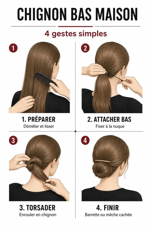 Coiffure fait maison en 4 étapes pour réaliser un chignon bas élégant à la maison