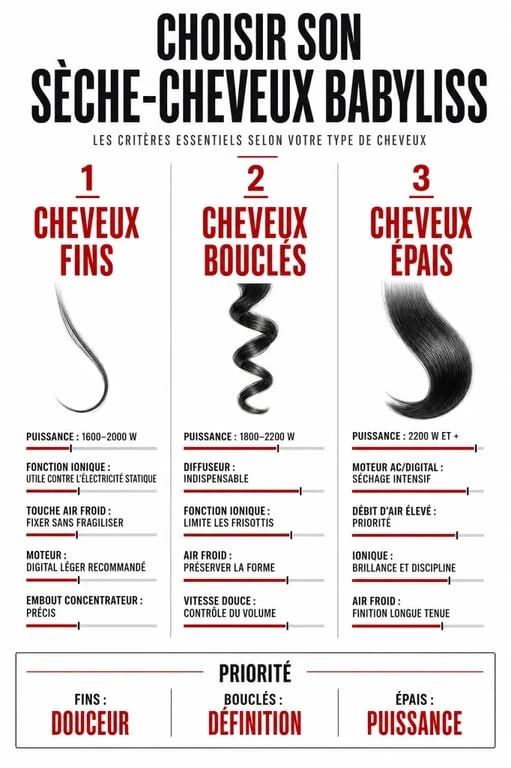Infographie sèche cheveux babyliss : choisir selon cheveux fins, bouclés ou épais