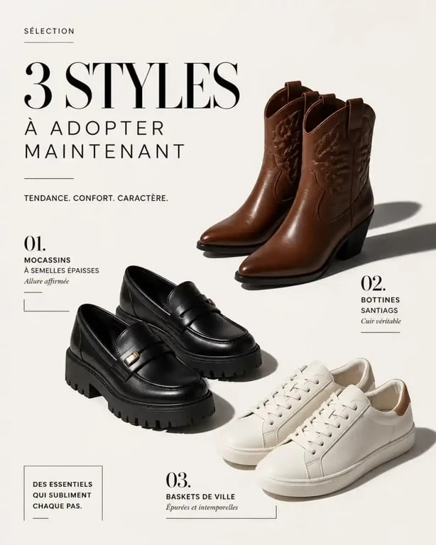 Sélection de chaussures tendance pour femme : mocassins, santiags et baskets de ville