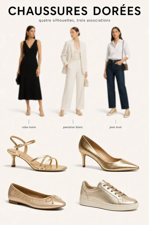 Chaussures femme dorées présentées avec des idées de looks : sandales, escarpins, ballerines et baskets associées à une robe noire, un pantalon blanc et un jean brut