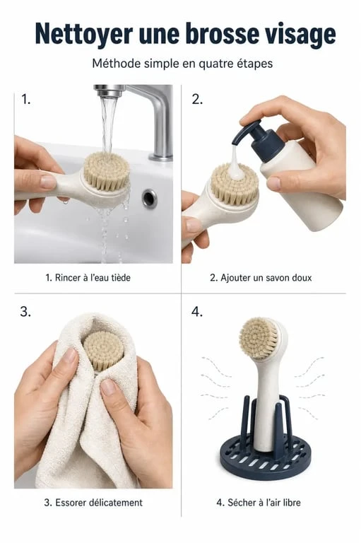 Nettoyage brosse visage en étapes avec rinçage, savon doux, essorage et séchage à l’air libre