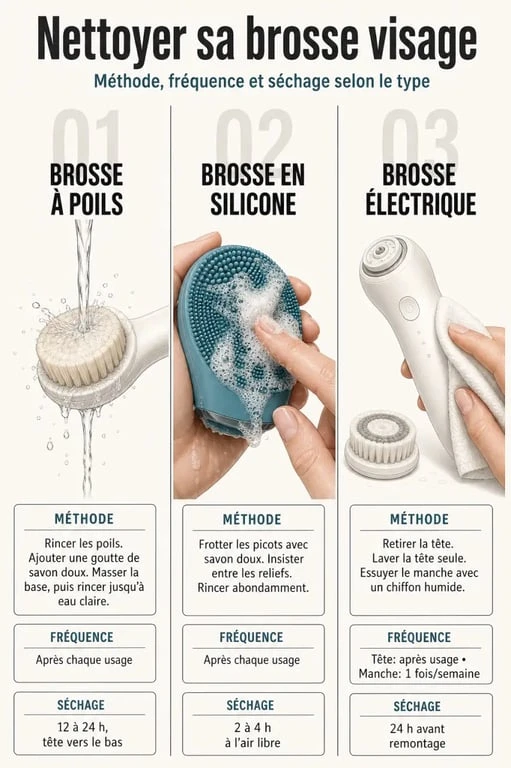 Nettoyage brosse visage selon le type de brosse : poils, silicone ou électrique