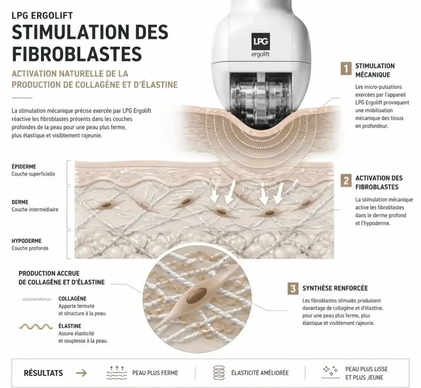 Schéma du fonctionnement du soin visage LPG par stimulation des fibroblastes pour la production de collagène.