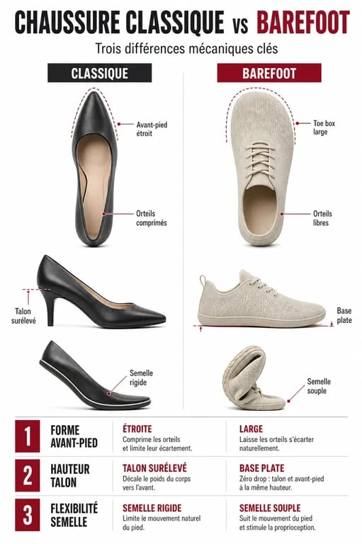 Comparaison des chaussures barefoot femme et des chaussures classiques