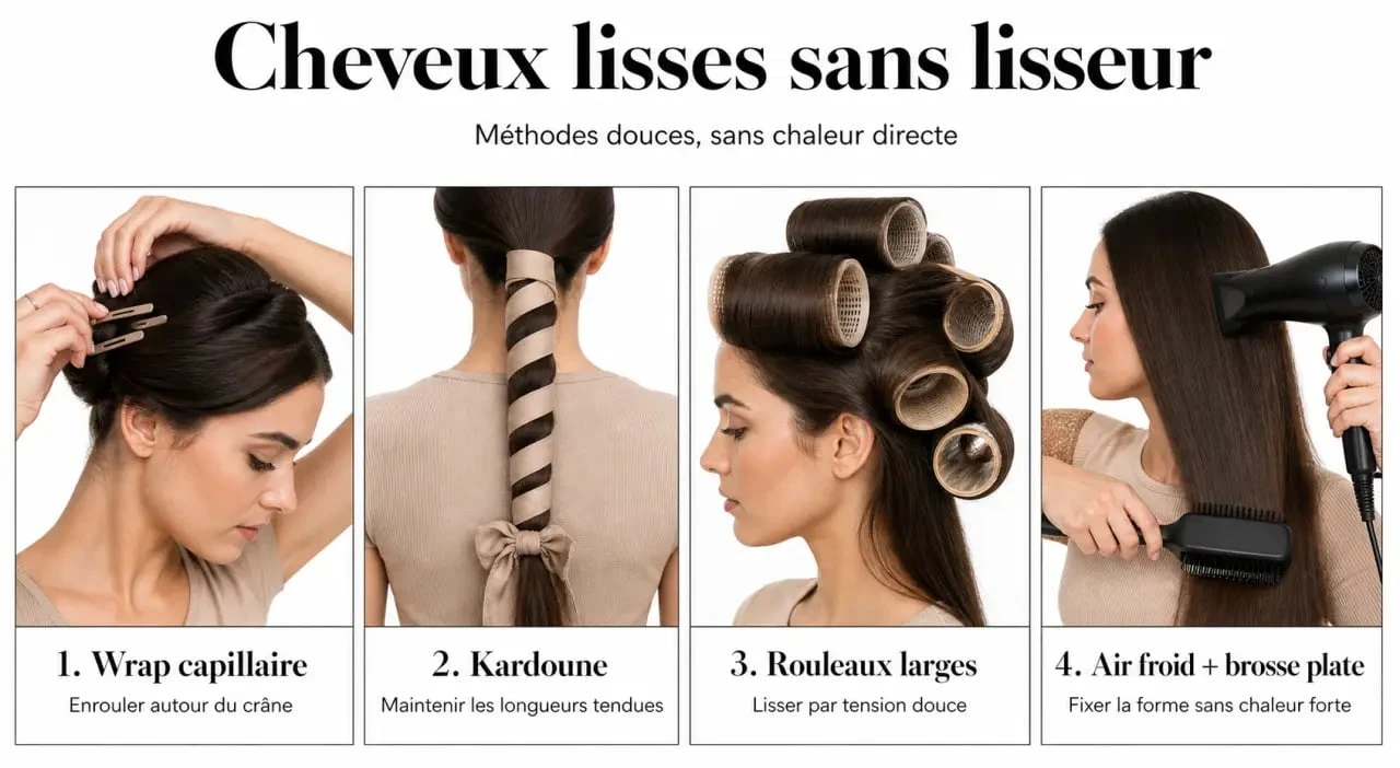 Comment avoir les cheveux lisse sans lisseur : illustration des méthodes wrap, kardoune et rouleaux larges