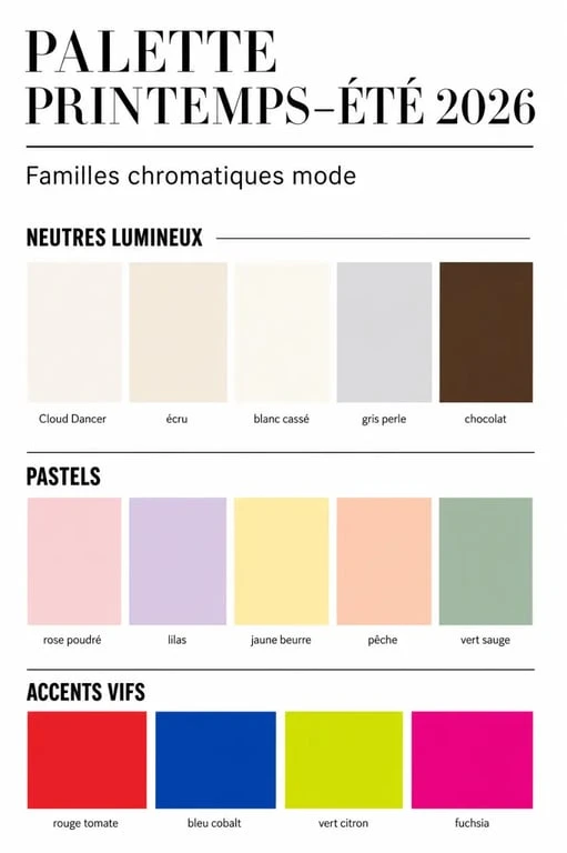 Couleur tendance mode printemps-été 2026 : palette éditoriale des neutres, pastels et accents vifs