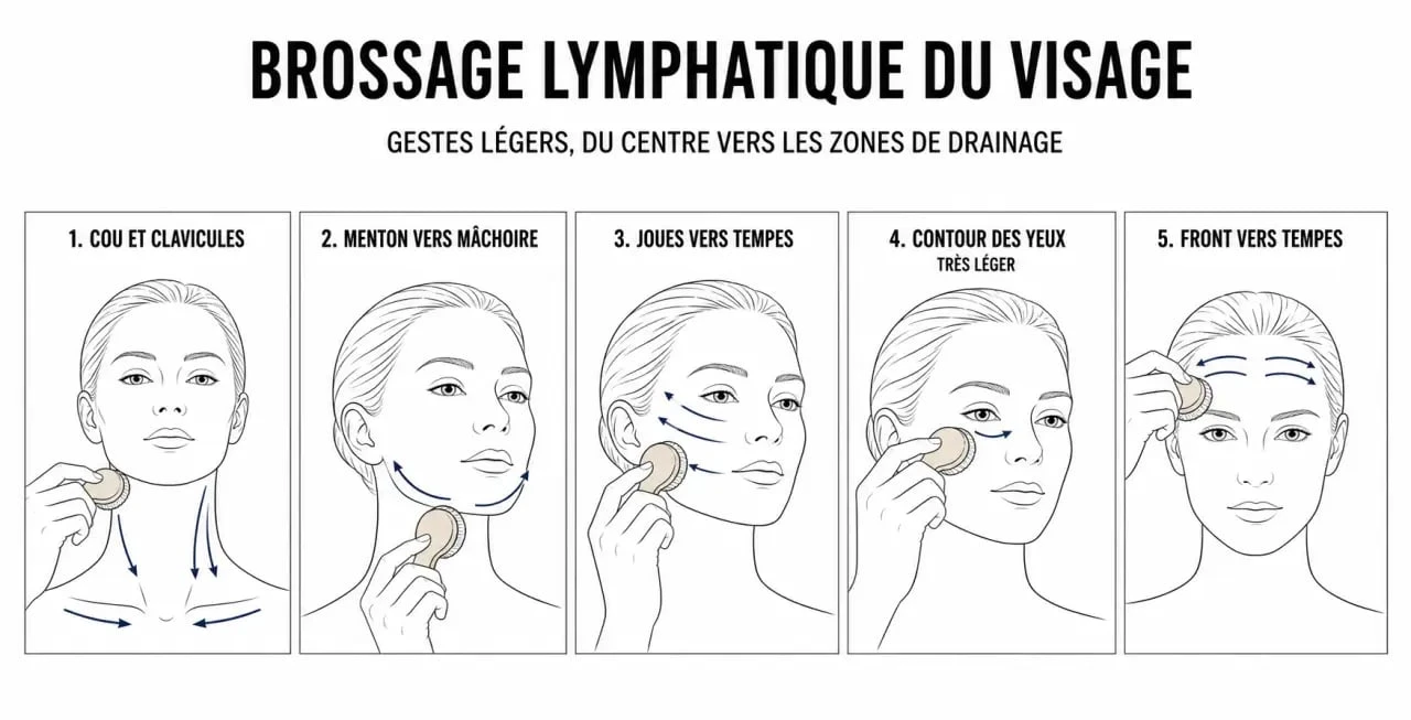 Brosse visage lymphatique montrée en étapes de drainage du cou vers le visage pour réduire les poches