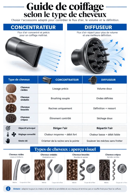Guide des accessoires du sèche-cheveux L'Oréal AirLight Pro selon le type de cheveux