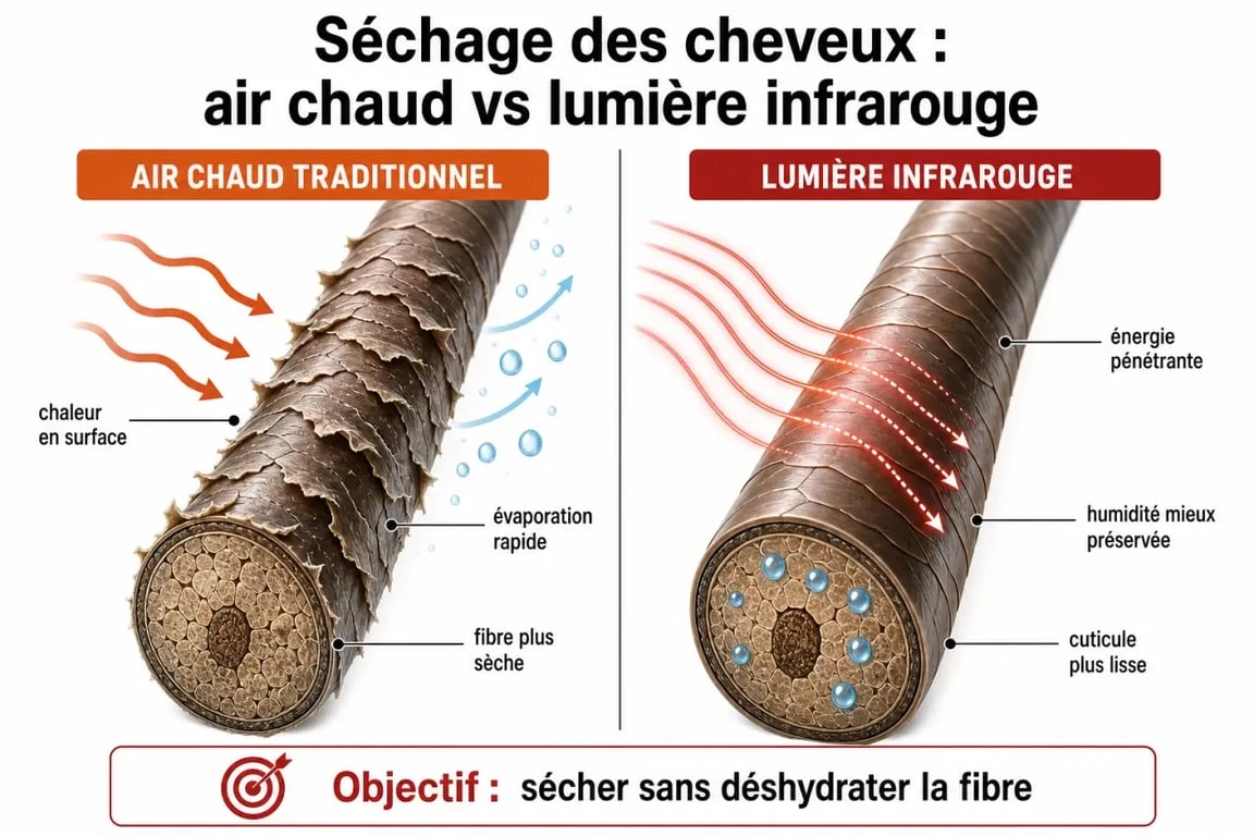 Schéma comparatif de la technologie infrarouge du sèche-cheveux L'Oréal AirLight Pro pour la santé du cheveu