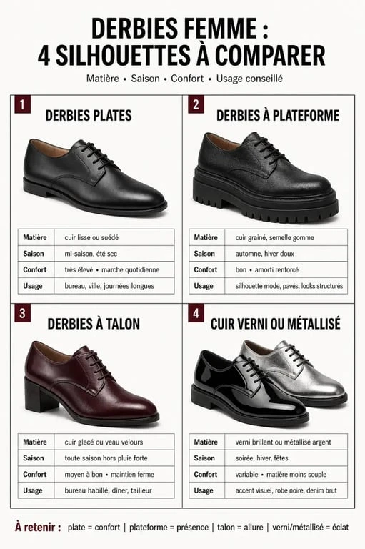 Chaussures derby pour femme comparées par matière, semelle, saison et usage