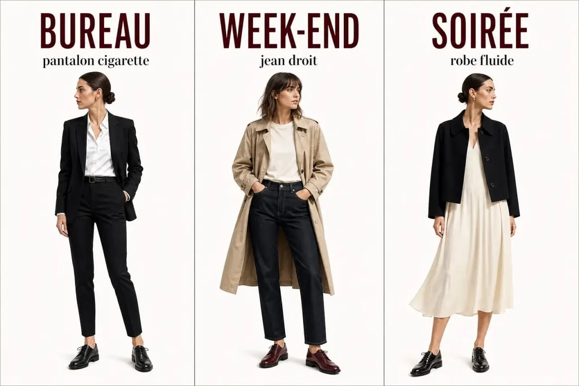 Chaussures derby pour femme portées en trois looks selon la saison et l’occasion