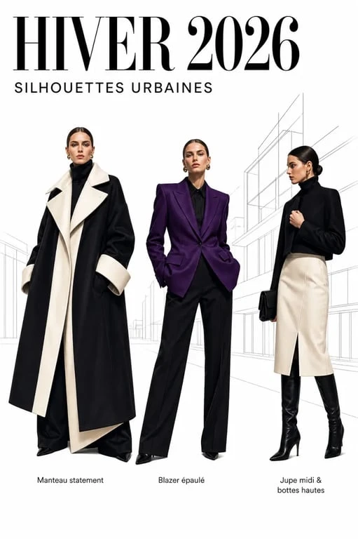 Tendance mode hiver 2026 femme : silhouettes éditoriales avec manteau statement, blazer épaulé et jupe au genou