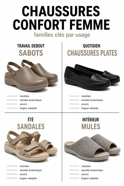 Chaussures Scholl femme : comparaison visuelle des sandales, mules et sabots selon l’usage