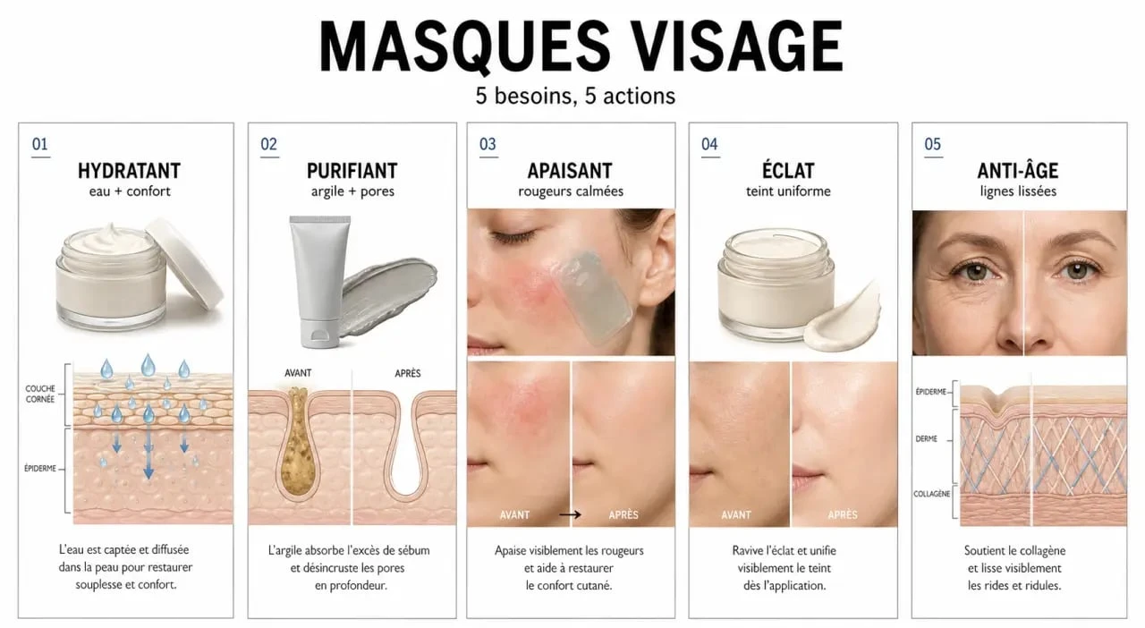 Masque soin visage : comparaison visuelle des principaux types de masques selon le besoin de la peau