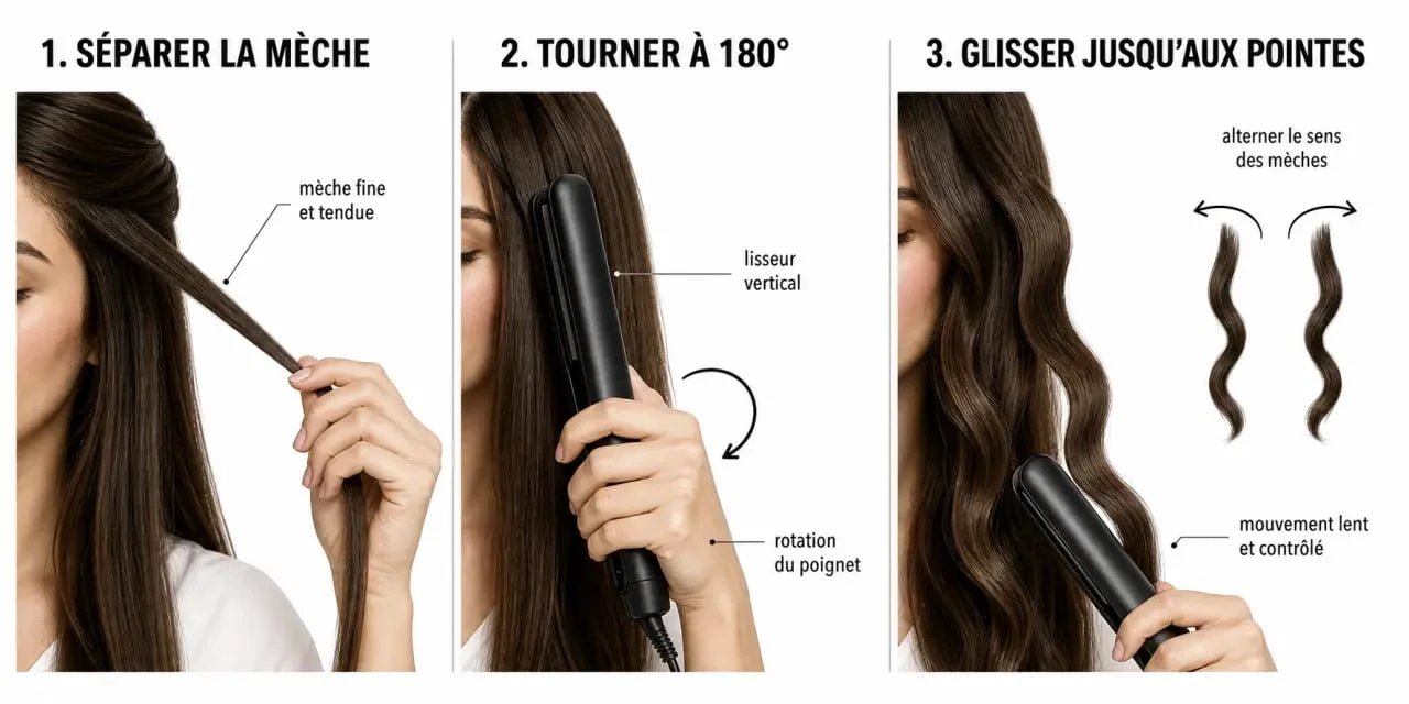 Comment onduler les cheveux avec un lisseur : illustration pas à pas du geste de rotation à 180° et de la glisse