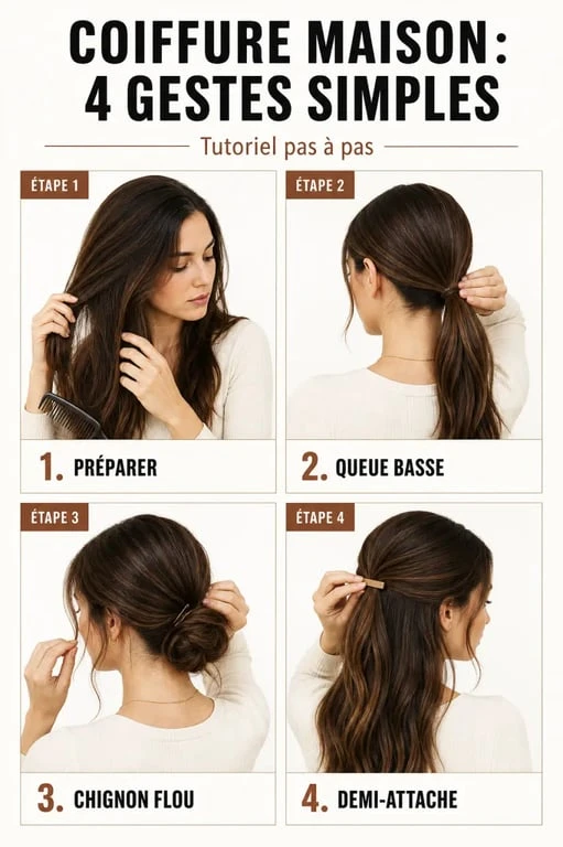 Coiffure faite maison en étapes : queue basse, chignon flou et demi-attache faciles à réaliser