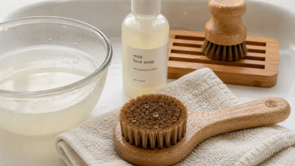 Nettoyage brosse visage : rincer, désinfecter et sécher pour éviter boutons et moisissure