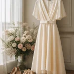 robe bapteme femme midi en écru, escarpins nude et pochette beige