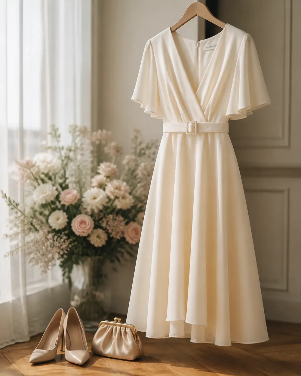robe bapteme femme midi en écru, escarpins nude et pochette beige