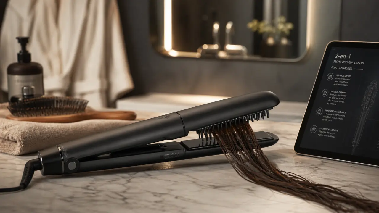 Sèche cheveux lisseur 2-en-1 en salle de bain, gain de temps ou risque