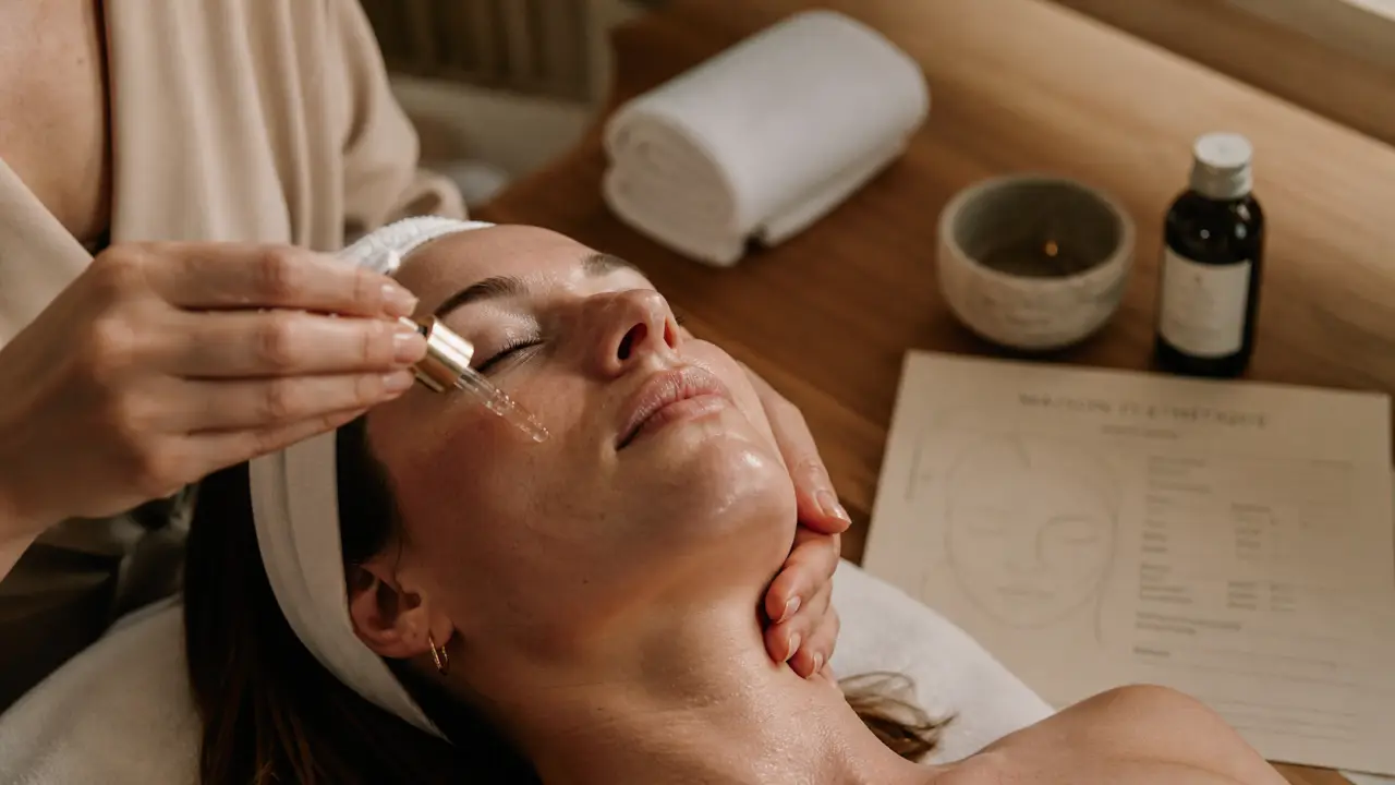 Soin visage Clarins en institut : application sérum sur le visage