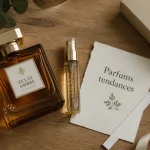 Tendance parfum femme : flacon ambre gourmand boisé sur table en bois clair