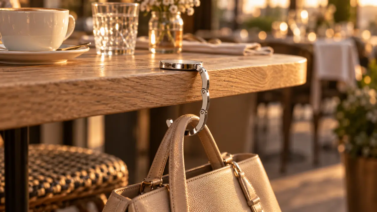 Accroche sac à main pliable sur table avec sac à main propre